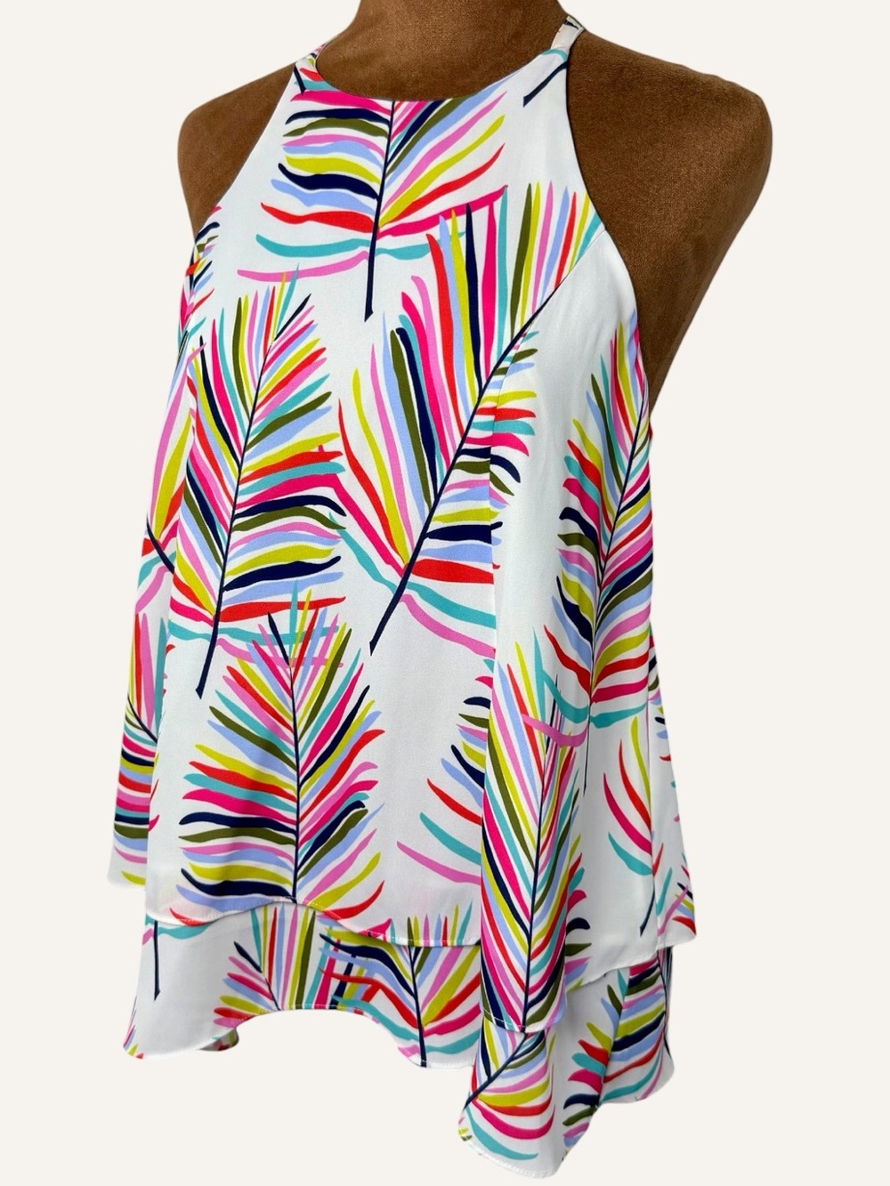 Colorful Tropical Palm Print High Neck Layered Tank Blouse Sleeveless Size S - Picture 5 of 12